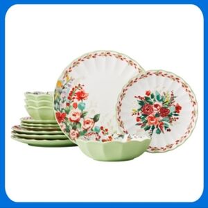 💜 New Pioneer Woman Painted Meadow Ceramic 12-Piece Dinnerware Set
